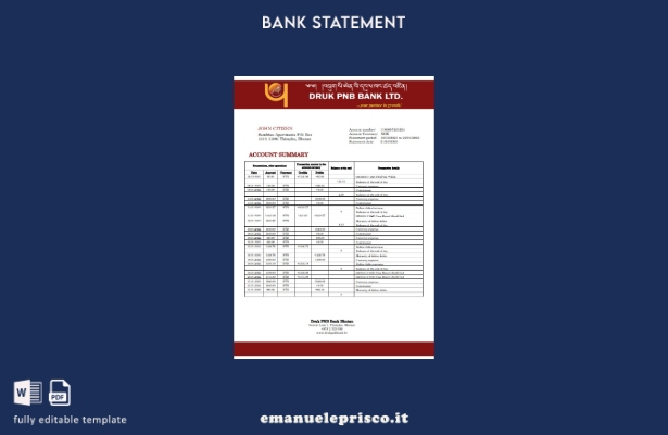 modello word di estratto conto bancario Bhutan Druk PNB in ​​stile verificato